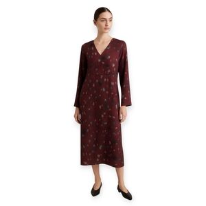 JIGSAW Burgundy Stretch Silk Long-Sleeve Midi Dress with Abstract Floral Print